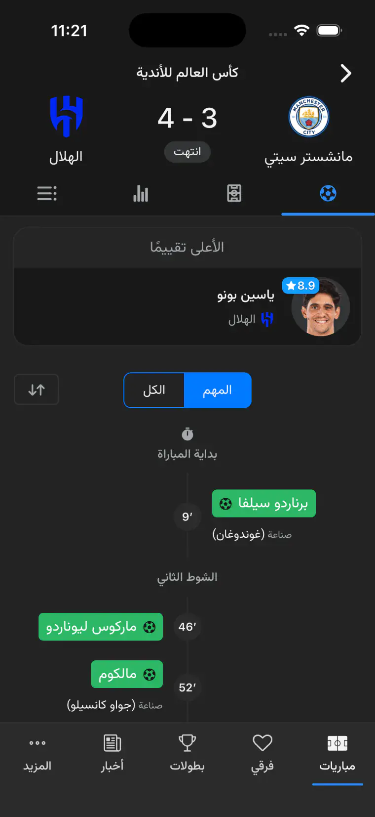 شاشة أحداث مباراة الهلال ومانشستر سيتي في تطبيق جدول