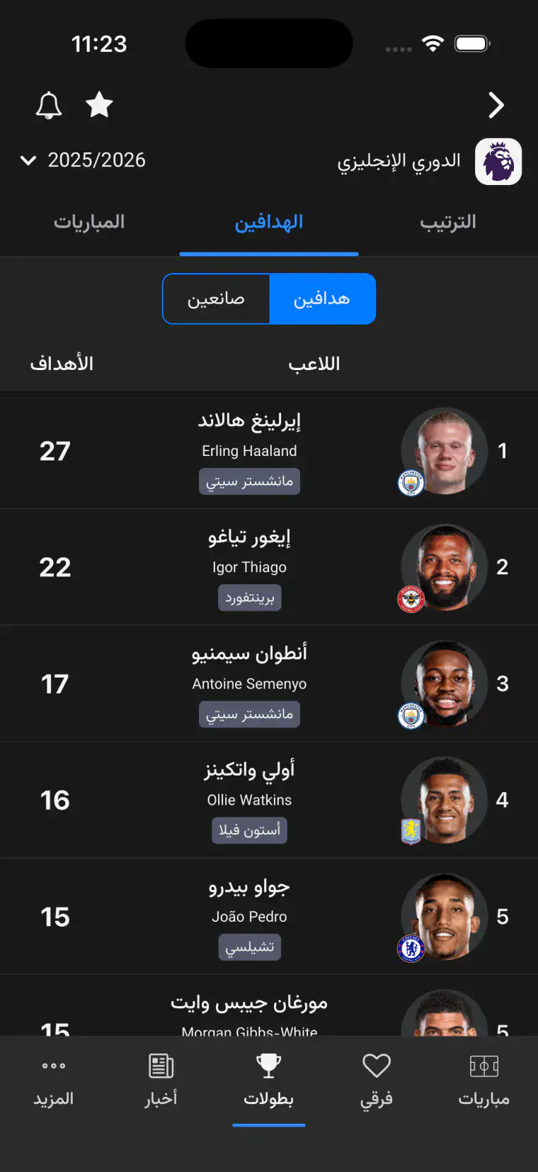 قائمة هدافي الدوري الإنجليزي في تطبيق جدول