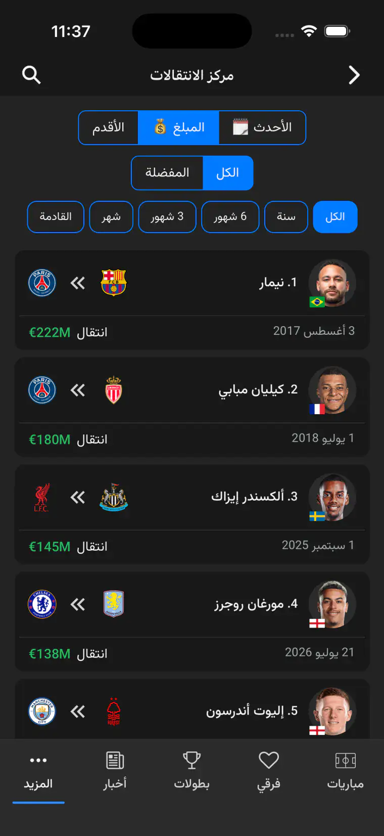 شاشة مركز الانتقالات وأغلى الصفقات في تطبيق جدول